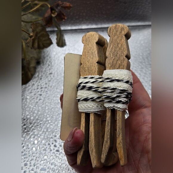 "5/$25" Set Of 3 Vintage Wood Lace Wrapped Clothespins W/Hangtag, Vignette Decor - Picture 2 of 6